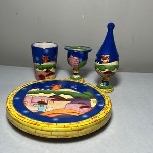 Original Karshi Vintage Hand Painted Pottery from Jerusalem 4 Piece Set